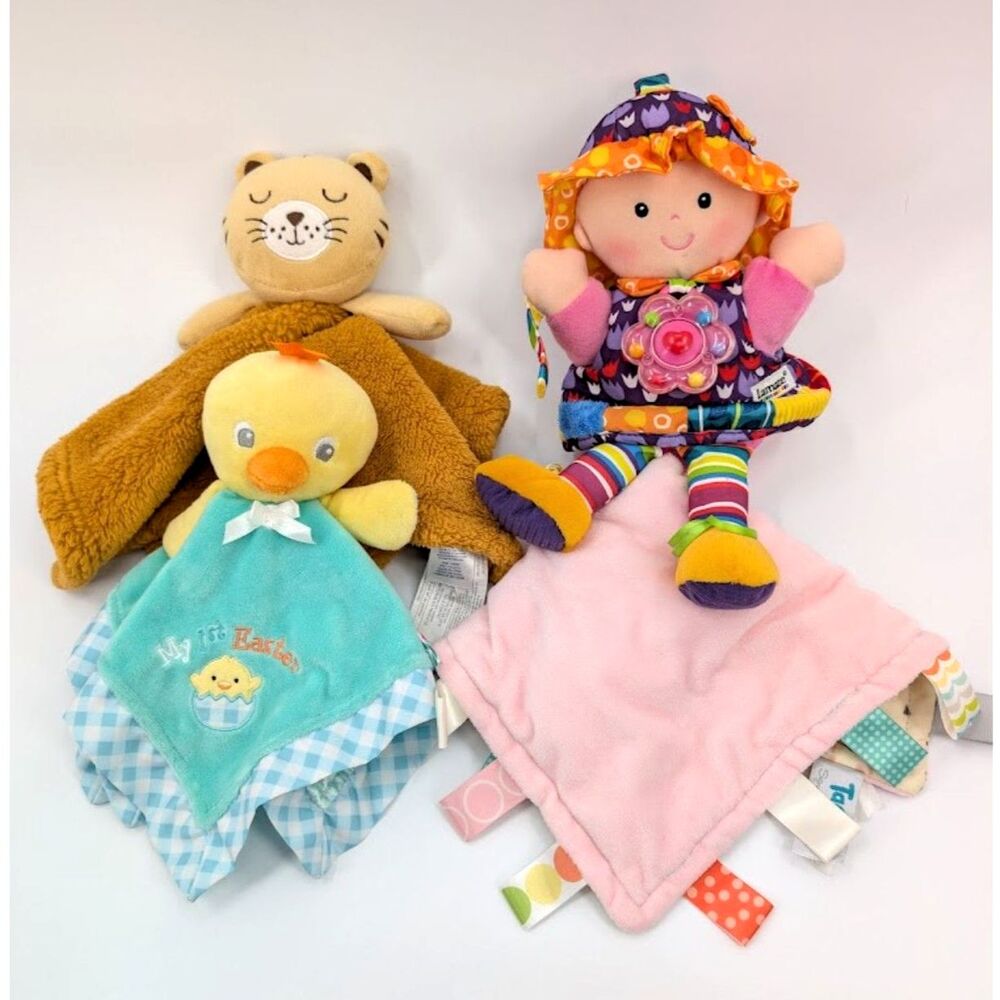 4 pc Lot Lovey-Baby Plush Sensory Toy Lamaze Taggies Tiger Easter Chick Blanket